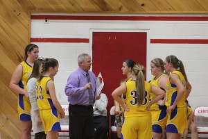 PCHS girls basketball talks things over during a 46-34 victory over Central on Friday night. Photo from Shelly Bennett