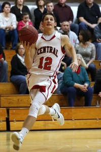 Caleb Shaw (12- shown here in a game earlier this season) scored 14 points to lift Central to a 51-38 victory over John Bapst on Friday night. Photo from Lisa Prescott.