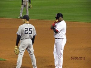 David Ortiz stands at first base with Yankees first baseman Mark Teixeira during a game at Fenway Park on April 30th. Photo courtesy of Sue Zeiba with permission