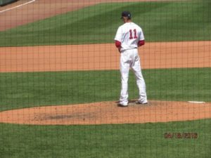 Clay Buchholz gets ready to deliver a pitch during s game at Fenway Psrk earlier this season. Buchholz will take the mound to open a three game series against the Oakland A's on Monday night. Photo courtesy of Sue Zeiba with permission
